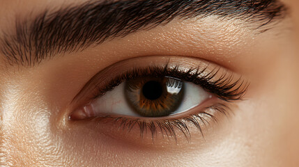 Obraz premium A sharp image of an almond-shaped eye with thick eyelashes.
