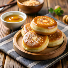 Sweet glazed buns on a wooden plate with honey.