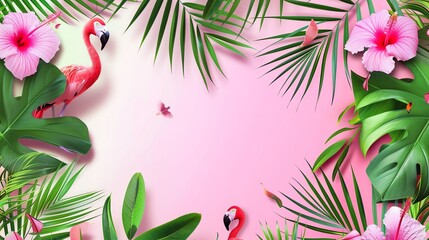 Obraz premium Pink flamingos and hibiscus flowers surround a pink background with lush green tropical leaves.