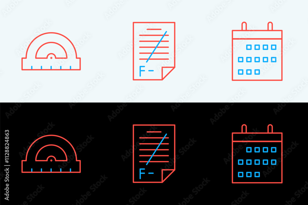 Poster set line calendar, protractor and exam paper with incorrect answers icon. vector
