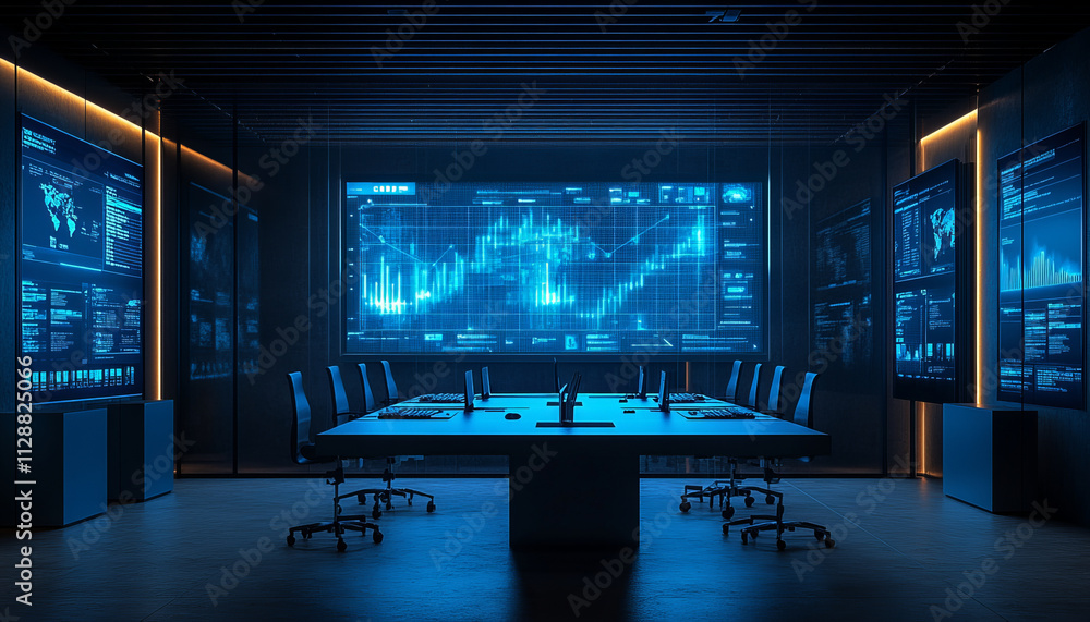 Poster modern collaborative workspace with blue graphs and data displays