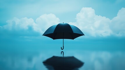 Umbrella rain cloud weather blue background, minimalism, simplicity, D concept, vibrant colors, atmospheric scene showcasing solitude and protection from elements, 8k image