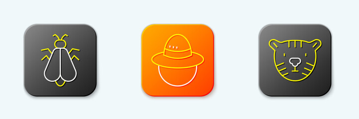 Set line Mosquito, Camping hat and Tiger head icon. Vector