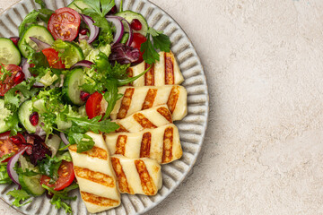 close up of fried halloumi cheese with fresh vegetable salad