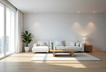 Fototapeta premium A modern, minimalist living room with a large white sofa, wooden coffee table, and potted plant.