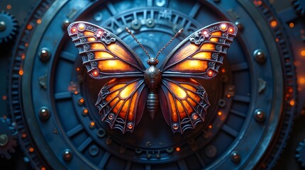 Beautifully crafted steampunk butterfly with illuminated wings rests on intricate mechanical gears, exemplifying the fusion of organic beauty and industrial design.