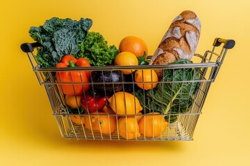A shopping cart filled with a variety of fresh fruits and vegetables sits against a bright yellow backdrop. Colorful items include leafy greens, peppers, oranges, and a loaf of bread.