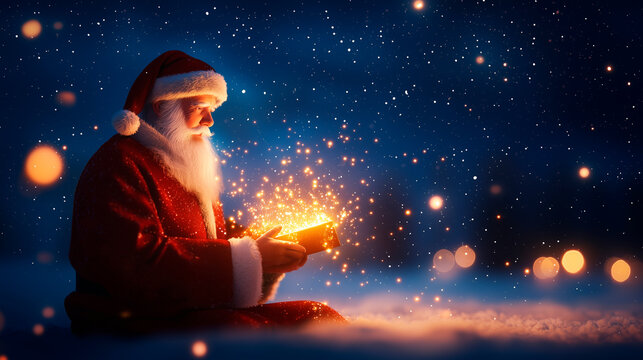 Magic of Christmas with Santa and Radiant Gift under Starry Sky