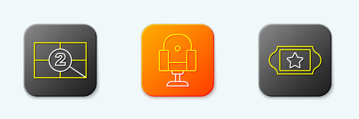 Set line Old film movie countdown frame, Director chair and Cinema ticket icon. Vector