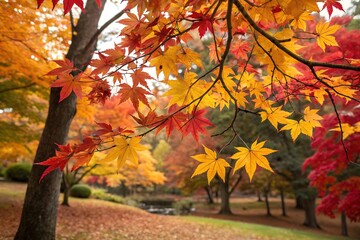 Colorful autumn leaves on maple trees in a park, showcasing the vibrant hues of fall foliage and a tranquil natural setting.