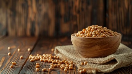 Wooden bowl of beans on burlap, symbolizing vegan protein sources.
