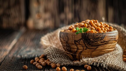 Obraz premium Wooden bowl of beans on burlap, symbolizing vegan protein sources.