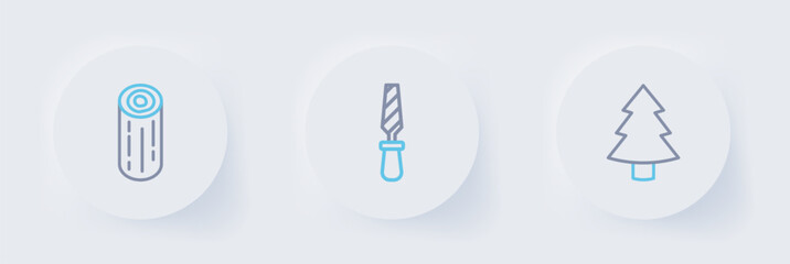 Set line Christmas tree, Rasp metal file and Wooden logs icon. Vector