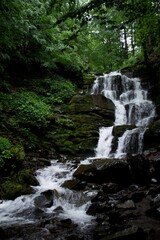 Obraz premium A beautiful natural waterfall surrounded by lush greenery in a serene forest. 