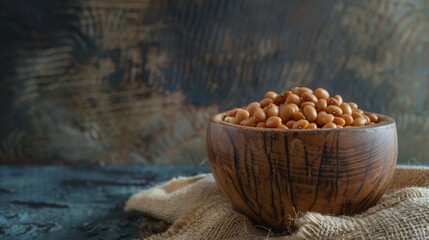 Wooden bowl of beans on burlap, symbolizing vegan protein sources.