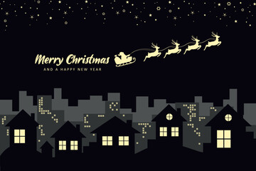 Fototapeta premium christmas banner santa claus in a sleigh with reindeer in the city vector illustration