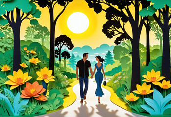 A charming paper-cut illustration in a flat cartoon style. A couple walks hand-in-hand through a vibrant park, surrounded by blooming flowers and lush greenery. The sun shines brightly