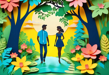 A charming paper-cut illustration in a flat cartoon style. A couple walks hand-in-hand through a vibrant park, surrounded by blooming flowers and lush greenery. The sun shines brightly