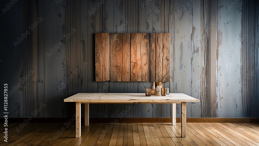 Poster dark background wall with empty table, for montage of productdark background wall with empty table, 