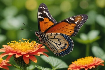 Fototapeta premium Macro shots, Beautiful nature scene. Closeup beautiful butterfly sitting on the flower in a summer garden.