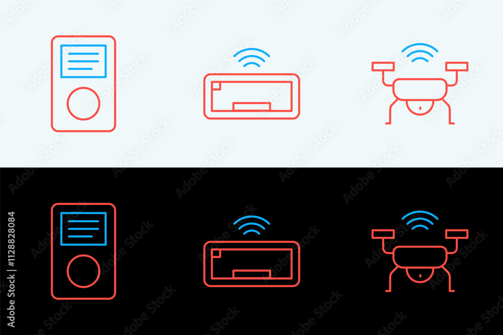 Poster set line smart drone system, music player and computer keyboard icon. vector