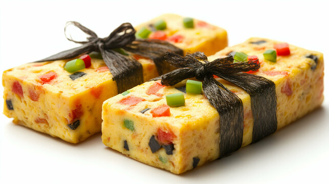 Colorful Japanese Tamagoyaki Gift Wrapped with Nori - Beautifully crafted tamagoyaki with vibrant diced vegetables, wrapped elegantly in strips of nori.