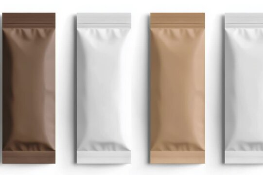 A set of four blank. stand up pouches. perfect for showcasing your product packaging designs.	