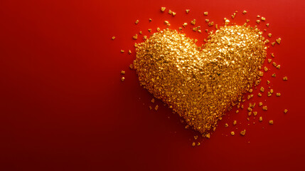 Golden heart made of smaller metal heart particles on red background