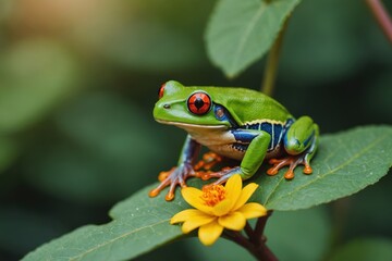 Naklejka premium Red-eyed tree frog sitting on a flower