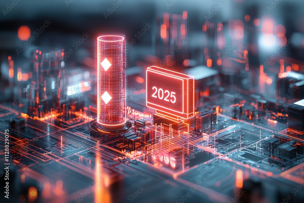 Poster a futuristic digital circuit board featuring glowing elements and the year 