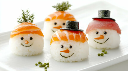 Adorable sushi shaped like snowmen, featuring salmon and tuna hats with seaweed accents. A creative and festive idea for holiday celebrations, blending food art with Japanese cuisine.