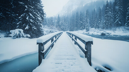 Obraz premium A snow-covered bridge crossing a frozen river surrounded by powder snow.