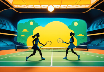 A whimsical paper-cut illustration in a flat cartoon style with strong shadows. A couple plays tennis on a sunny court. Man and woman are smiling, eyes open, actively engaged in the game. 