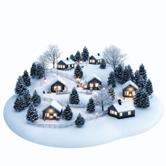 serene winter landscape featuring cozy cabins surrounded by snow covered trees and twinkling lights, creating magical holiday atmosphere