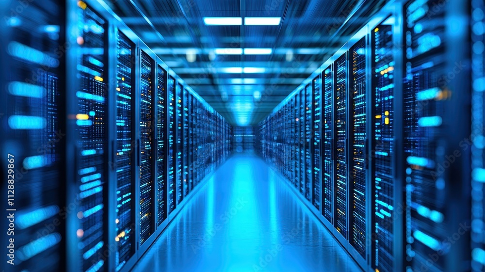 Poster a modern data center with rows of servers illuminated in blue light, representing the backbone of di