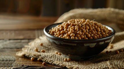 Wooden bowl of beans on burlap, symbolizing vegan protein sources.