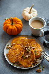 healthy breakfast, pumkin pancakes