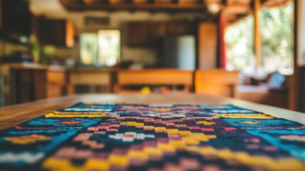 Naklejka premium Vibrant Woven Table Runner in Rustic Kitchen Setting