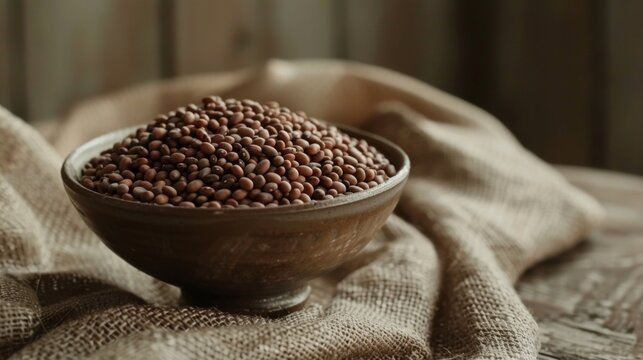 Wooden bowl of beans on burlap, symbolizing vegan protein sources.