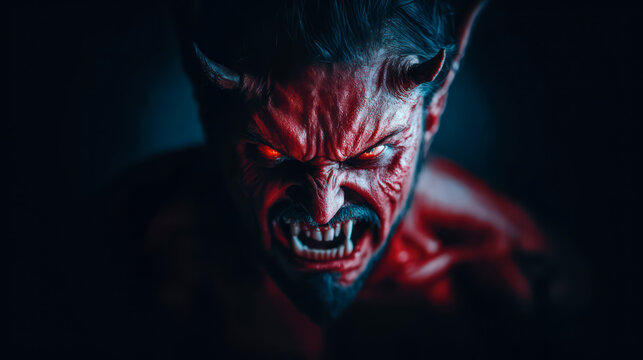Portrait of a devil with red face and horns