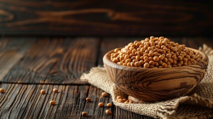Wooden bowl of beans on burlap, symbolizing vegan protein sources.