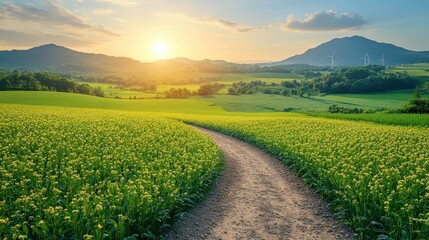 Obraz premium Serene Landscape at Sunrise with Vibrant Yellow Fields and Gentle Rolling Hills Under a Clear Sky and Majestic Mountains in the Background