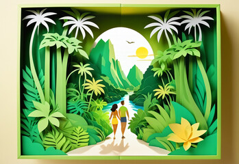 A charming paper-cut illustration, flat cartoon style with deep shadows. A couple of travelers with backpacks stand in awe before a majestic tropical waterfall. Lush green foliage surrounds them. 