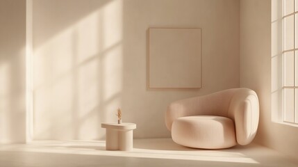 A minimalist interior featuring a soft chair and a small table in a sunlit room.