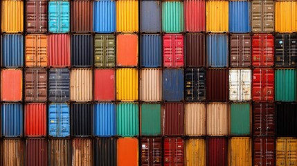 Obraz premium Colorful Cargo Containers Stacked in Urban Setting for Industrial Backgrounds
