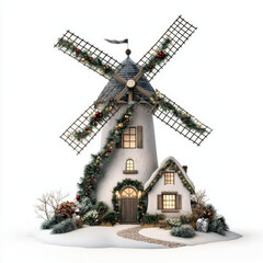charming windmill adorned with festive holiday garlands and decorations, creating cozy winter scene. snow covered landscape enhances cheerful atmosphere