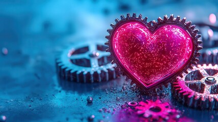 Illustration of a glowing heart, connected to gears turning, symbolizing passion driving hard work.