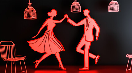 A couple dancing in a red room with a chair in the background