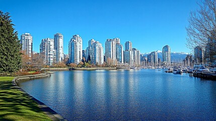 Naklejka premium Modern Waterfront Cityscape with High-Rise Buildings and Marina