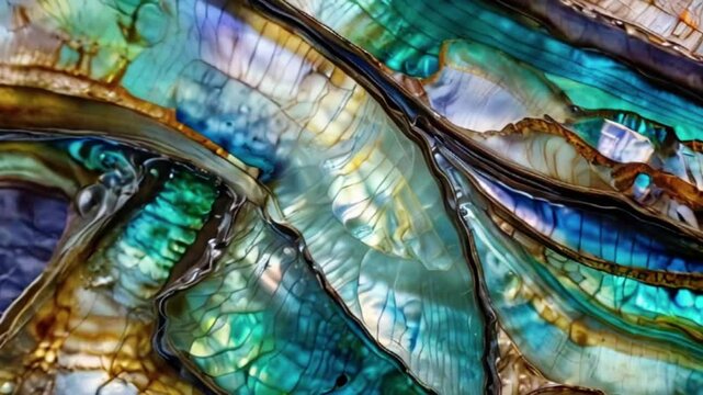 Nature texture pattern of nacre mother-of-pearl inner side of Paua, Perlemoen or Abalone shell close up abstract background, 4k Wallpaper Background Animation Video